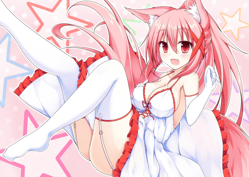 animal_ears ass blush breasts cleavage collarbone commentary_request elbow_gloves female fox_ears fox_tail garter_straps gloves hair_ornament hair_ribbon hand_on_own_chest highres kazamatsuri_kazari large_breasts long_hair looking_at_viewer mizuki_(kogetsu-tei) oerba_yun_fang open_mouth original pink_hair red_eyes ribbon smile solo tail thighhighs white_thighhighs