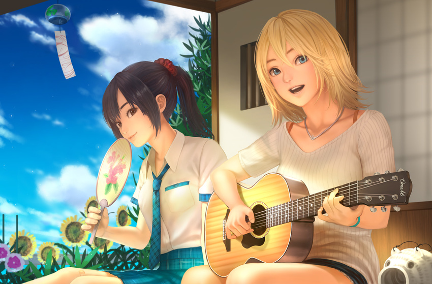 2girls allison_(summer_lesson) bandaid bandaid_on_leg black_hair blonde_hair blue_eyes blue_necktie blue_skirt blue_sky bra_strap brown_eyes closed_mouth cloud cloudy_sky commentary cutoffs day dress_shirt english_commentary flower guitar hair_ornament hair_scrunchie hand_fan holding holding_fan holding_instrument house indoors instrument jewelry kayari_buta long_hair looking_at_viewer miyamoto_hikari morning_glory multiple_girls music necklace necktie omeno_(digitalome) open_mouth outdoors paper_fan plaid plaid_necktie plaid_skirt playing_instrument ponytail red_scrunchie ribbed_sweater room scrunchie shirt short_hair short_shorts short_sleeves shorts sitting skirt sky smile summer_lesson sunflower sweater uchiwa white_shirt wind_chime wristband