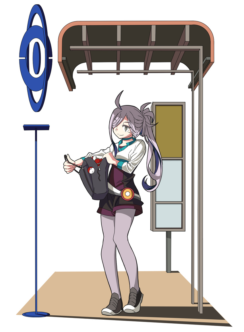 >:) ahoge alternate_costume asashimo_(kancolle) backpack bag bus_stop choker commentary_request cosplay female female_protagonist_(pokemon_go) female_protagonist_(pokemon_go)_(cosplay) grey_eyes grey_hair grey_pantyhose hair_over_one_eye highres kantai_collection kazh_(kazu) long_hair pantyhose pantyhose_under_shorts poke_ball pokemon pokemon_go ponytail shorts smile solo standing v-shaped_eyebrows