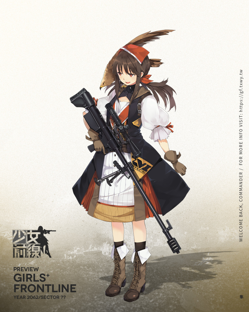 bird black_dress boots brown_footwear brown_gloves buttons character_name dress falcon falcon_(girls'_frontline) female full_body girls'_frontline gloves gun hair_between_eyes hair_ornament hao_(patinnko) headband highres holding holding_gun holding_weapon medium_hair official_art promotional_art red_headband ribbon rifle shirt solo weapon white_shirt