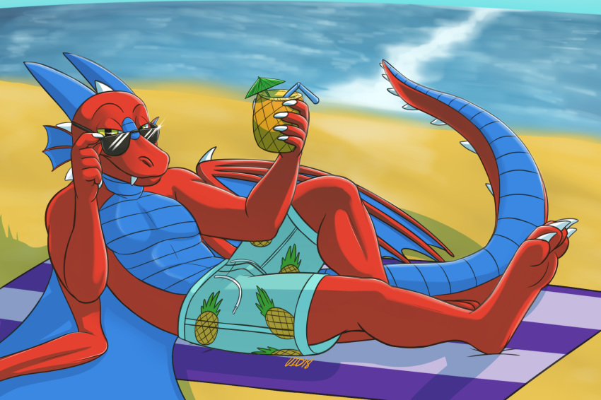 3:2 anthro azazul beach beverage bottomwear clothed clothing digital_media_(artwork) dragon eyewear food fruit glance hi_res male may825 mythological_creature mythological_scalie mythology on_towel pineapple plant sand scalie seaside shorts solo summer sunglasses sunny swimming_trunks swimwear tail topless towel wings