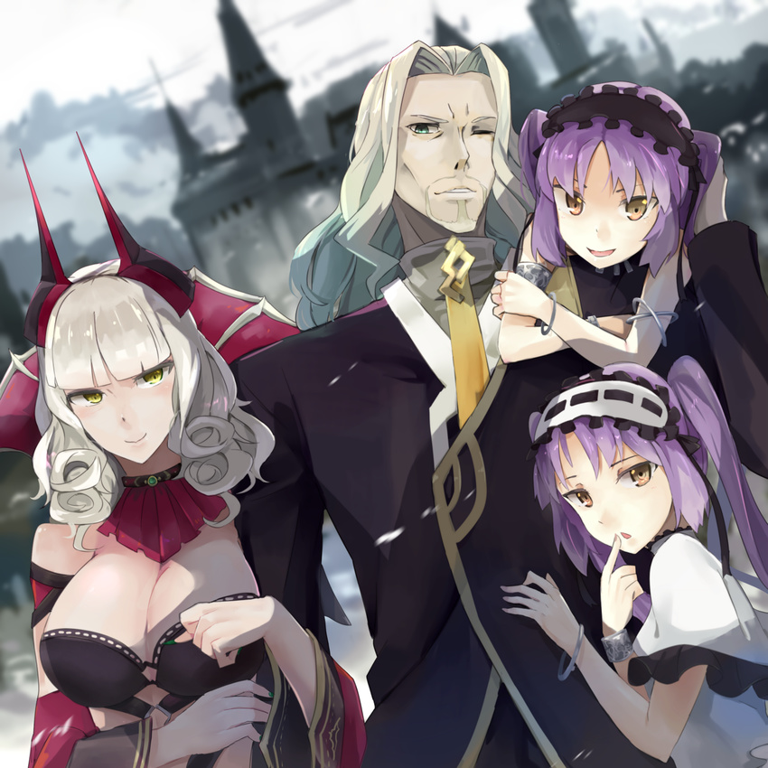 1boy 3girls bare_shoulders beard bonnet bracelet breasts carmilla_(fate) castle cleavage commentary_request dress euryale_(fate) facial_hair fate/apocrypha fate/grand_order fate/hollow_ataraxia fate/stay_night fate_(series) goatee green_eyes hairband headdress highres holding_own_arm horns hsin jewelry large_breasts lolita_hairband long_hair multiple_girls one_eye_closed open_mouth purple_hair siblings sisters smile stheno_(fate) supportasse trait_connection twins twintails vlad_iii_(fate/apocrypha) weapon white_dress white_hair yellow_eyes