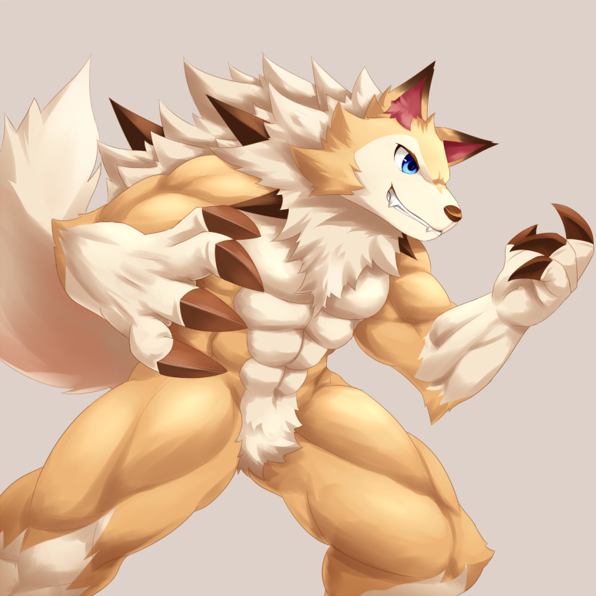 1:1 2016 4_fingers abs anthro anthrofied arm_tuft belly biceps big_muscles blue_eyes brown_body brown_claws brown_fur brown_nose canid canine cheek_tuft claws crotch_tuft elbow_tuft facial_tuft fangs featureless_crotch fingers fluffy fluffy_tail fur generation_7_pokemon gloves_(marking) grey_background hi_res inner_ear_fluff leg_markings lycanroc male mammal markings midday_lycanroc multicolored_body multicolored_fur muscular muscular_anthro muscular_male naturally_censored nintendo nude pecs pokemon pokemon_(species) portrait pose rann sharp_teeth simple_background smile snout socks_(marking) solo standing tail tan_body tan_fur teeth three-quarter_portrait tuft white_belly white_body white_fur white_tail