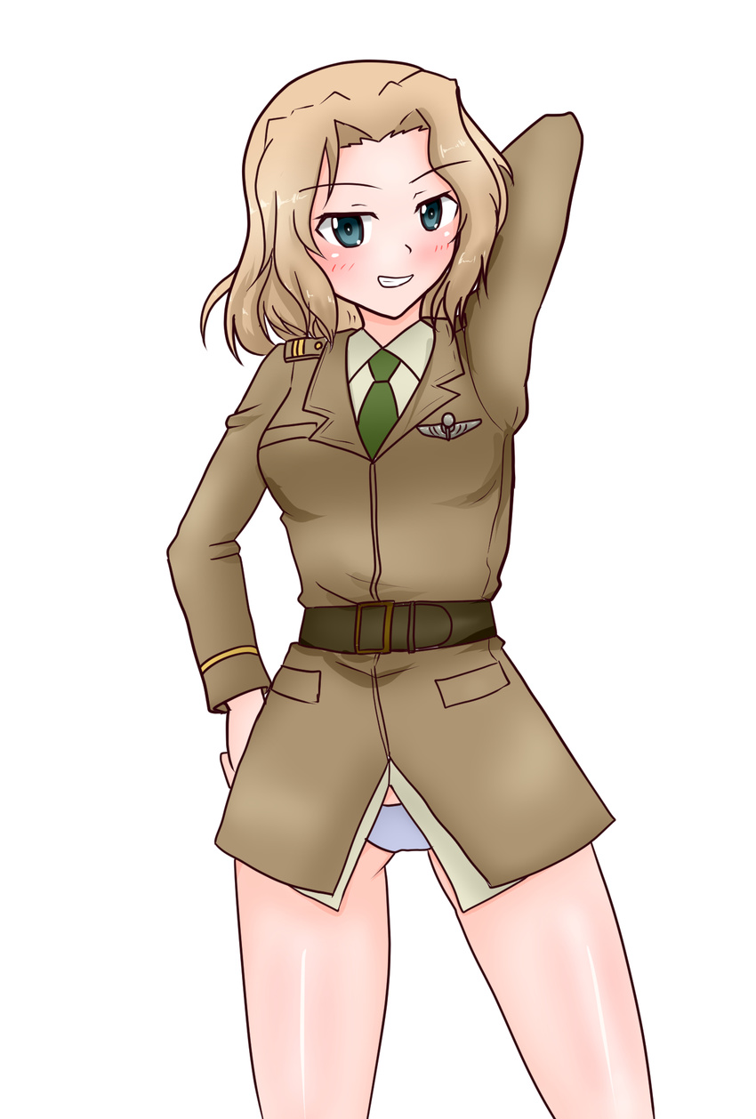 bad_id bad_pixiv_id blonde_hair blue_eyes charlotte_e._yeager charlotte_e._yeager_(cosplay) cosplay female girls_und_panzer green_necktie highres kay_(girls_und_panzer) looking_at_viewer military necktie strike_witches tsuchinoko_snake uniform world_witches_series