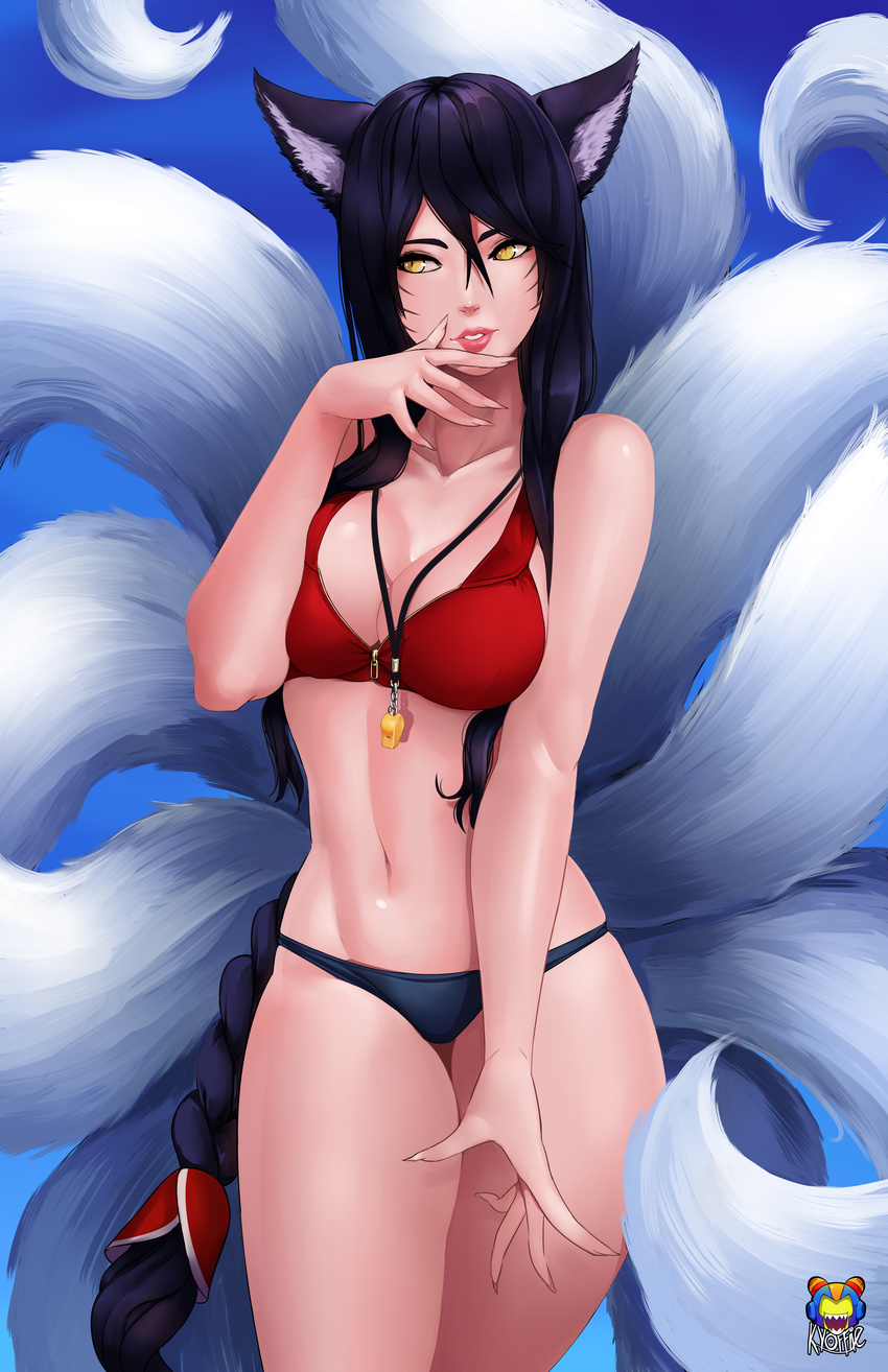 absurdres ahri_(league_of_legends) animal_ears artist_name bare_arms bare_legs bare_shoulders bikini bikini_top_only black_hair blue_sky braid breasts cleavage collarbone contrapposto covered_navel day facial_mark female fingernails fox_ears fox_tail groin gumroad_reward hair_between_eyes hair_tie hand_to_own_mouth hand_up highres kyoffie large_breasts league_of_legends legs_together long_fingernails long_hair looking_to_the_side multiple_tails navel nose outdoors paid_reward parted_lips photoshop_(medium) red_bikini sharp_fingernails sidelocks single_braid sky slit_pupils smile solo sports_bikini standing stomach swimsuit tail teeth thigh_gap very_long_hair whisker_markings whistle yellow_eyes zipper