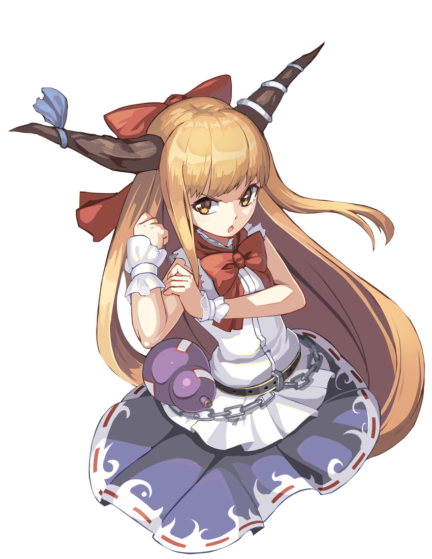 absurdres belt bow brown_eyes brown_hair chains clenched_hand commentary_request female fps gourd hand_on_own_arm hand_up highres horn_bow horn_ornament horn_ribbon horns ibuki_suika long_hair looking_to_the_side looking_up open_mouth photoshop_(medium) purple_skirt ribbon ribbon-trimmed_skirt ribbon_trim serious shirt simple_background skirt sleeveless sleeveless_shirt solo torn_clothes torn_sleeves touhou upper_body very_long_hair white_background white_shirt wrist_cuffs