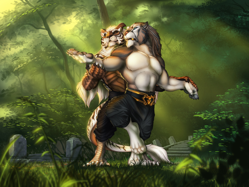 2019 4:3 anthro blue_eyes day digital_media_(artwork) digitigrade dragon duo felid forest grass hi_res hybrid jackrow male mammal mythological_creature mythological_scalie mythology outside pantherine plant scalie standing tail tiger training tree wairu