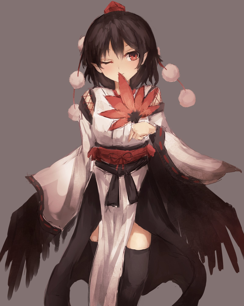 black_hair black_thighhighs black_wings commentary_request cowboy_shot detached_sleeves female grey_background hair_between_eyes hand_fan hat hauchiwa highres kourindou_tengu_costume one_eye_closed pelvic_curtain pointy_ears pom_pom_(clothes) red_eyes red_hat ribbon_trim sash shameimaru_aya short_hair solo standing thighhighs thkani tokin_hat touhou wide_sleeves wings