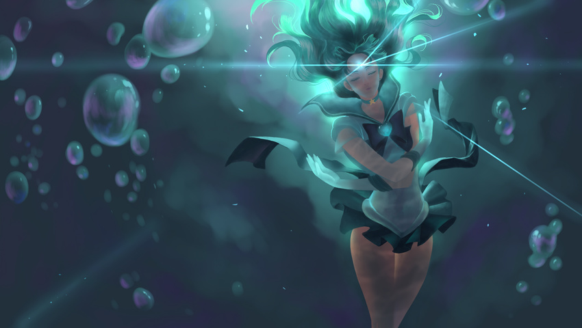 air_bubble aqua_hair bishoujo_senshi_sailor_moon brooch bubble chinese_commentary choker closed_eyes commentary_request female gloves heart heart_brooch highres jewelry kaiou_michiru light magical_girl miniskirt pleated_skirt sailor_neptune sailor_senshi_uniform saturn_(satscarlet) skirt solo submerged super_sailor_neptune underwater water