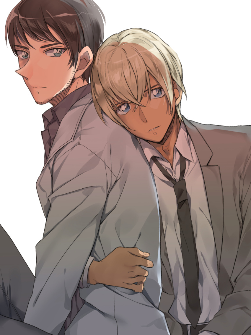 2boys amuro_tooru arm_around_waist backlighting belt black_belt black_necktie black_shirt blonde_hair blue_eyes brown_hair closed_mouth collared_shirt commentary dreaming182 facial_hair grey_background grey_jacket grey_pants highres jacket long_sleeves looking_at_viewer loose_necktie male_focus meitantei_conan multiple_boys necktie open_clothes open_jacket pants parted_lips scotch_(meitantei_conan) serious shirt short_hair simple_background white_jacket white_shirt