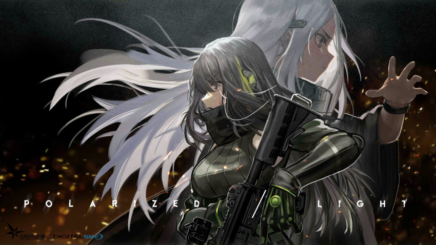 2girls artist_request assault_rifle black_hair breasts brown_eyes closed_mouth elisa_(girls'_frontline) facial_mark forehead_mark girls'_frontline gloves green_hair green_jacket gun hair_between_eyes highres holding holding_gun holding_weapon jacket long_hair long_sleeves m4_carbine m4a1_(girls'_frontline) m4a1_(mod3)_(girls'_frontline) mask multicolored_hair multiple_girls official_art open_mouth particle_cannon_case rifle sangvis_ferri skull_mask streaked_hair upper_body weapon white_hair