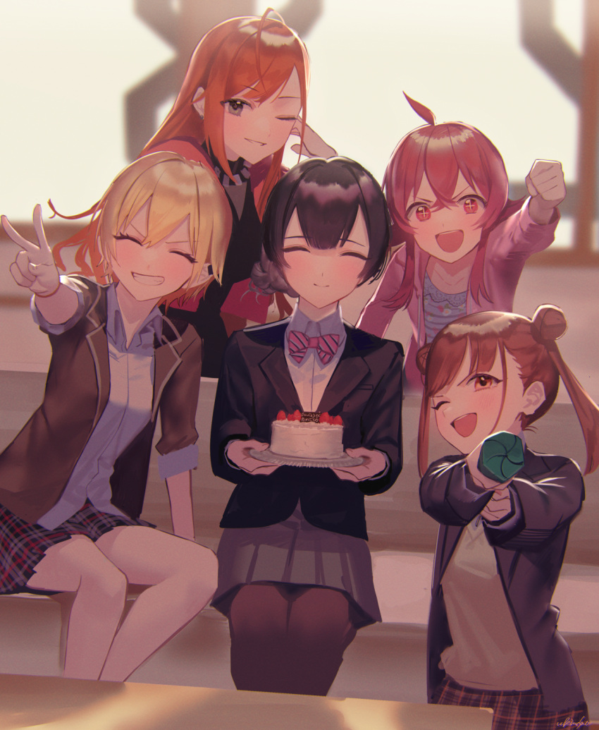 +_+ 5girls :d ^_^ arisugawa_natsuha blurry blurry_background blush clenched_hand closed_eyes couch depth_of_field foreshortening grin group_picture happy_birthday highres houkago_climax_girls_(idolmaster) idolmaster idolmaster_shiny_colors komiya_kaho looking_at_viewer morino_rinze multiple_girls office on_couch one_eye_closed outstretched_arm saijo_juri school_uniform sitting smile sonoda_chiyoko ukimesato v window