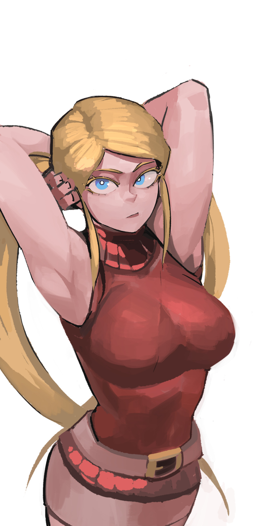 33dot absurdres armpits arms_behind_head arms_up belt blonde_hair blue_eyes breasts brown_skirt commentary commission english_commentary female gamia_q highres large_breasts long_hair looking_at_viewer mazinger_(series) mazinkaiser pencil_skirt pixiv_commission red_sweater shin_mazinger_shougeki!_z-hen skirt sleeveless sleeveless_turtleneck solo standing sweater turtleneck twintails white_background