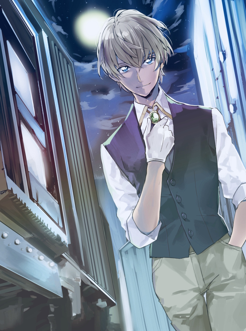 1boy amuro_tooru black_vest blonde_hair blue_eyes brown_pants building buttons closed_mouth cloud cloudy_sky collared_shirt commentary_request cowboy_shot dreaming182 full_moon gloves hair_between_eyes hand_in_pocket hand_up highres looking_at_viewer male_focus meitantei_conan moon night night_sky outdoors pants shirt short_hair short_sleeves sky smile solo standing star_(sky) starry_sky vest white_gloves white_shirt