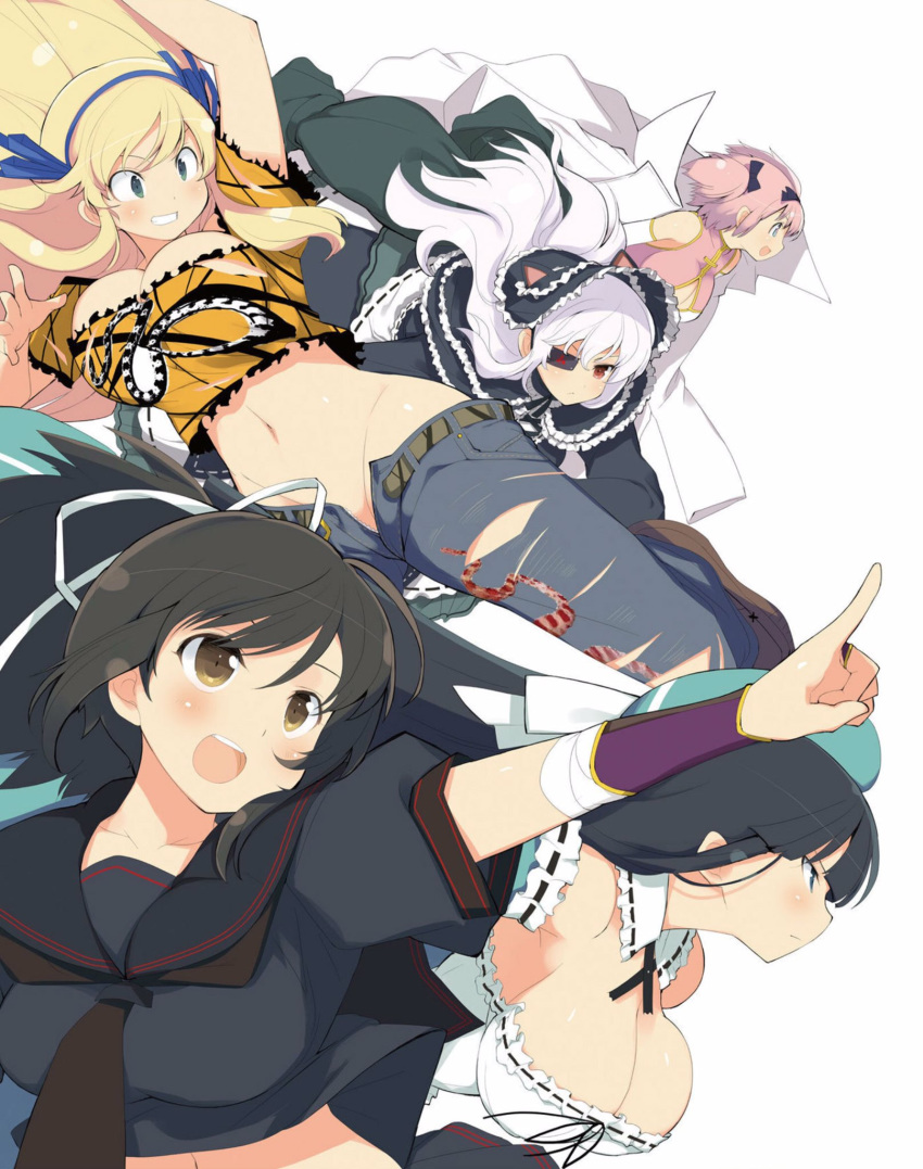 5girls :d animal_ears asuka_(senran_kagura) bandages bare_shoulders beret black_hair black_ribbon black_serafuku blonde_hair blue_eyes blue_ribbon blush bow breasts brown_eyes brown_footwear cat_ears cleavage commentary_request cosplay denim detached_collar detached_sleeves dress eyepatch frown gothic_lolita green_eyes hair_ribbon haruka_(senran_kagura) haruka_(senran_kagura)_(cosplay) hat hebijo_academy_uniform hibari_(senran_kagura) highres hikage_(senran_kagura) hikage_(senran_kagura)_(cosplay) homura_(senran_kagura) homura_(senran_kagura)_(cosplay) ikaruga_(senran_kagura) jeans katsuragi_(senran_kagura) lab_coat large_breasts leaning_forward lolita_fashion long_hair looking_to_the_side maid mirai_(senran_kagura) mirai_(senran_kagura)_(cosplay) multiple_girls navel no_panties official_art open_mouth orange_shirt pants pink_hair ponytail red_eyes ribbon running school_uniform senran_kagura serafuku shirt short_hair short_twintails simple_background smile symbol-shaped_pupils torn_clothes torn_jeans torn_pants twintails unzipped white_background white_hair white_ribbon yaegashi_nan yagyu_(senran_kagura) yomi_(senran_kagura) yomi_(senran_kagura)_(cosplay)