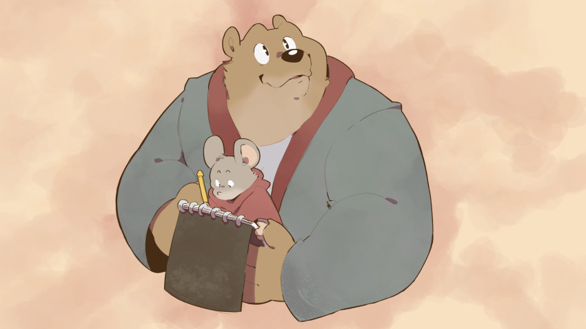 2020 absurd_res age_difference anthro bear bennycartoonist black_nose brown_body brown_fur celestine_(ernest_and_celestine) cloak clothed clothing drawing_(action) duo ernest_(ernest_and_celestine) ernest_and_celestine female fur hi_res humanoid_hands larger_anthro larger_male lolicon looking_up male mammal mouse murid murine notebook older_anthro older_male overweight overweight_male pencil red_cloak red_clothing rodent shirt size_difference smaller_anthro smaller_female smile topwear young young_female younger_anthro younger_female