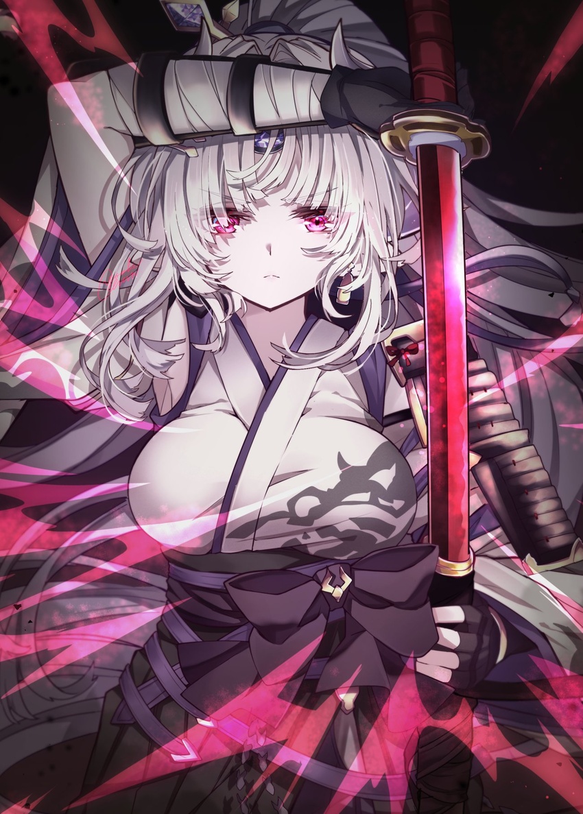 arm_up armor azusa_(granblue_fantasy) bandaged_arm bandages black_gloves bow breasts draph earrings energy female fingerless_gloves forehead_jewel frown gloves granblue_fantasy hair_ornament hairpin hakama highres holding holding_sheath holding_sword holding_weapon horns japanese_armor japanese_clothes jewelry kimono large_breasts long_hair looking_at_viewer pointy_ears ponytail red_eyes sheath shoulder_armor sidelocks sode solo sword unsheathing vambraces weapon white_hair wide_sleeves yoake