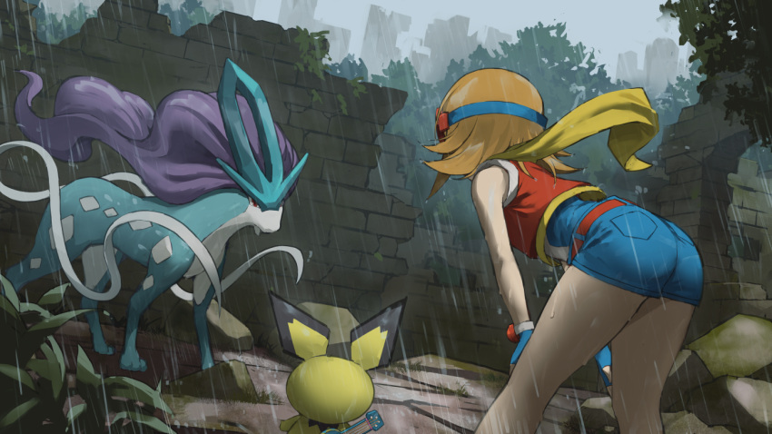 ass bare_arms belt bent_over blue_gloves blue_shorts brown_hair commentary_request cropped_jacket fagi_(kakikaki) female fingerless_gloves flipped_hair floating_scarf gloves goggles goggles_on_head jacket outdoors pichu pokemon pokemon_(creature) pokemon_ranger pokemon_ranger_3 rain red_belt red_jacket rock scarf shorts sleeveless sleeveless_jacket suicune summer_(pokemon) wall yellow_scarf