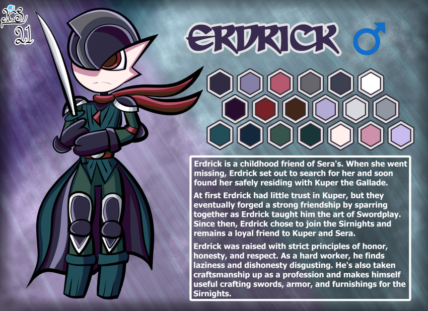 2021 3_fingers armor character_name english_text erdrick_(kuperseeper) fingers frown gallade generation_4_pokemon hair hair_over_eye hi_res holding_melee_weapon holding_object holding_sword holding_weapon humanoid knight kuperseeper male melee_weapon model_sheet nintendo not_furry one_eye_obstructed pokemon pokemon_(species) red_eyes scarf signature simple_background solo sword text warrior weapon