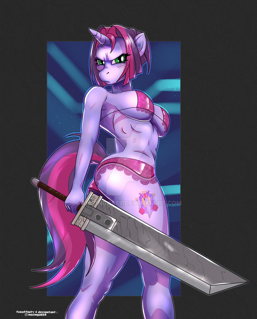 angry anthro anthrofied ass bra breasts buster_sword clothing cutie_mark equid equine female green_eyes hasbro hi_res horn looking_at_viewer mammal mazinga669 melee_weapon my_little_pony mythological_creature mythological_equine mythology panties solo sword underwear unicorn weapon