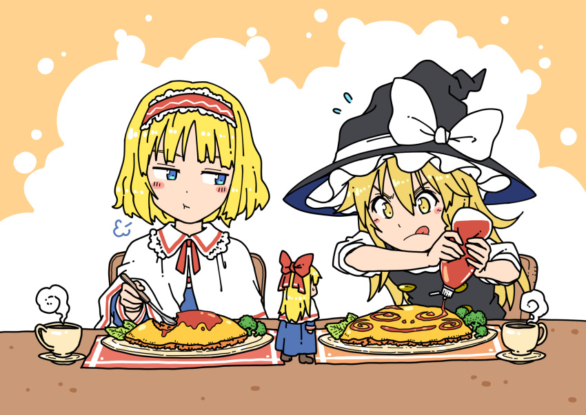 2girls :q :t alice_margatroid black_headwear black_vest blonde_hair blue_dress blush bow broccoli capelet commentary_request concentrating cup dress eating flying_sweatdrops food food_writing frilled_hairband frills hairband hairbow hat hat_bow highres holding holding_spoon inuno_rakugaki ketchup ketchup_bottle kirisame_marisa long_hair long_sleeves multiple_girls omelet omurice red_bow red_hairband saucer shanghai_doll shirt short_hair short_sleeves spoon steam tongue tongue_out touhou v-shaped_eyebrows vest white_bow white_capelet white_shirt witch_hat yellow_eyes