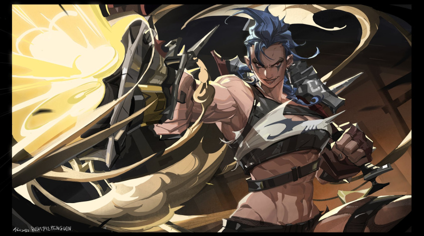 abs arm_up armpits ashthepenguin axe bare_shoulders battle_axe black_border blue_hair border breasts cleavage dual_wielding evil_smile eyebrow_piercing facepaint female fingerless_gloves fingernails firing gloves gun hand_up highres holding holding_axe holding_gun holding_weapon junker_queen_(overwatch) large_breasts lip_piercing lips long_hair midriff multiple_piercings muscular muscular_female outstretched_arm overwatch overwatch_2 parted_lips piercing red_eyes single_glove smile smoke solo stomach studded_harness studded_thigh_strap tan thigh_strap v-shaped_eyebrows weapon