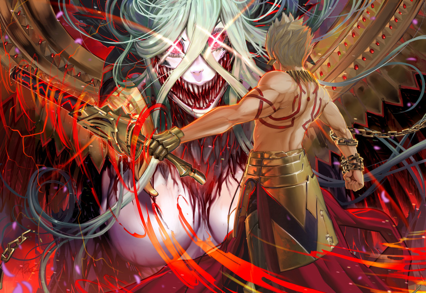 1boy absurdres arm_at_side arm_tattoo armor back back_tattoo bare_back battle big_mouth blonde_hair blood blood_from_mouth blood_on_breasts blood_on_face blood_on_teeth breasts broken broken_chain cape chained chains cleavage clenched_hand commentary confrontation crossed_bangs duel ea_(fate/stay_night) earrings electricity energy english_commentary eyebrows_hidden_by_hair eyelashes fate/grand_order fate/stay_night fate_(series) faulds female from_behind gauntlets gem giant giantess gilgamesh_(fate) glowing glowing_eyes gold gold_armor highres holding holding_sword holding_weapon horns horror_(theme) jewelry large_breasts light_green_hair long_bangs long_hair median_furrow mixed_gender_duel monster muscular muscular_male necklace no_nipples nose open_mouth outstretched_arm petra-ii red_cape red_eyes scales sharp_teeth shoulder_tattoo signature spiked_hair sword symbol-shaped_pupils tattoo teeth tiamat_(fate) very_long_hair waist_cape weapon wings x-shaped_pupils