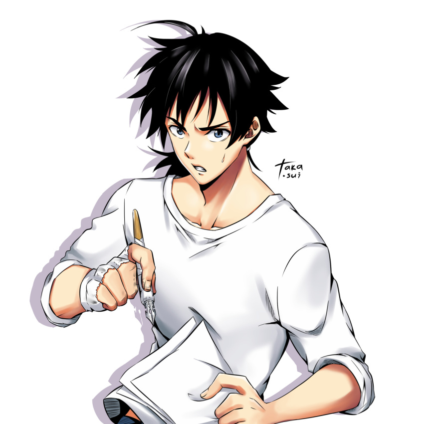 1boy artist_name black_hair fingerless_gloves gloves highres holding holding_pen male_focus medium_hair paper parted_lips pen sasaki_teppei shirt simple_background solo sweatdrop takamizawa_usui time_paradox_ghostwriter white_background white_shirt