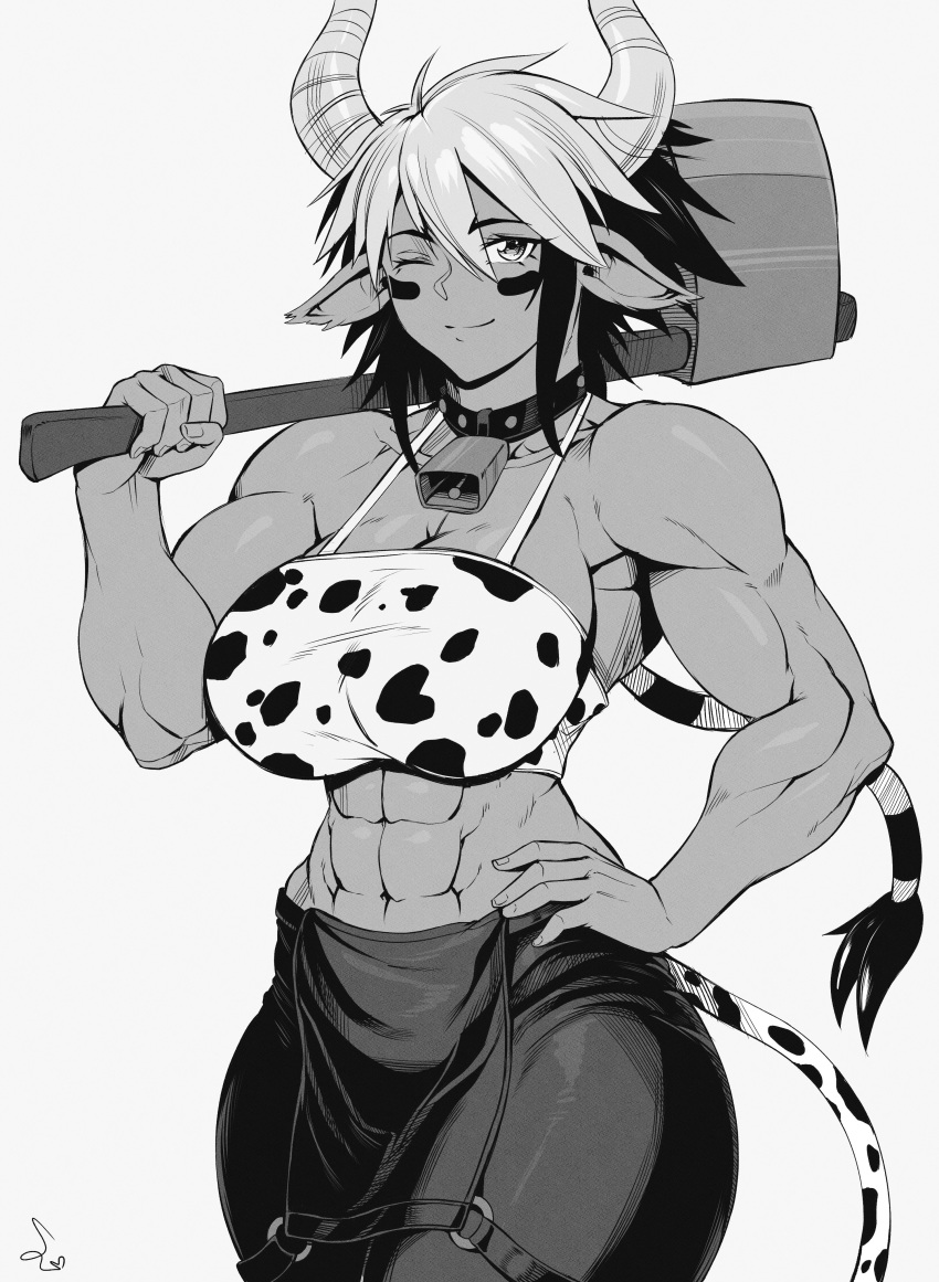 ;) abs absurdres alternate_breast_size alternate_muscle_size animal_ears animal_print axe bell breasts cathyl collar commission cow_ears cow_girl cow_horns cow_print cowbell cowboy_shot dark-skinned_female dark_skin female greyscale hair_between_eyes hand_on_own_hip highres holding holding_axe horns large_breasts monochrome monster_musume_no_iru_nichijou multicolored_hair muscular muscular_female neck_bell one_eye_closed short_hair simple_background smile solo speedl00ver two-tone_hair