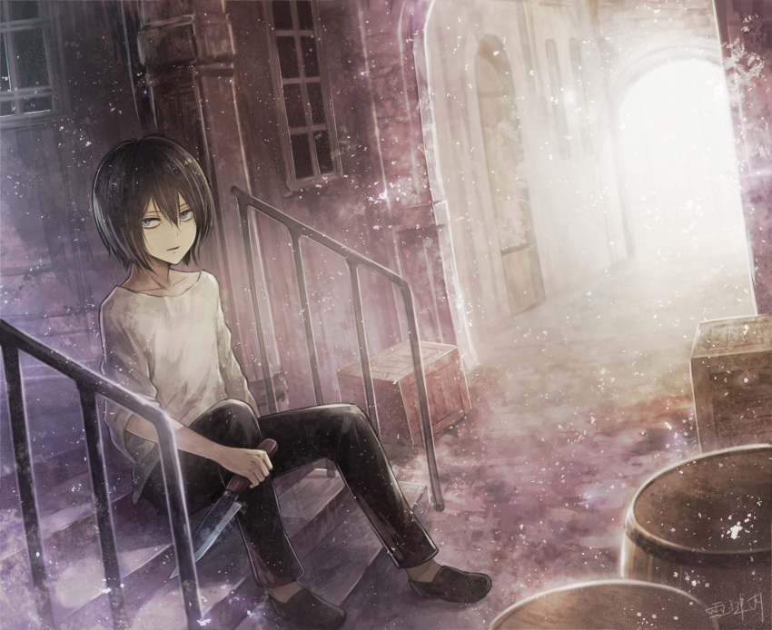 1boy aged_down angel31424 barrel black_hair black_pants blue_eyes collarbone highres knife levi_(shingeki_no_kyojin) lolicon looking_at_viewer male_focus medium_hair pants shingeki_no_kyojin shirt sitting solo stairs weapon