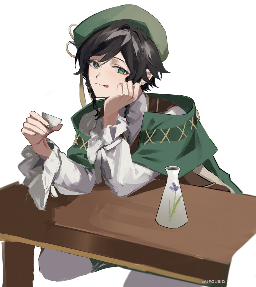 1boy :q beret bishounen black_hair bottle braid commentary_request cup frilled_sleeves frills genshin_impact green_eyes green_hat green_shorts hat highres holding holding_cup juliet_sleeves long_sleeves looking_at_viewer male_focus official_alternate_costume pantyhose puffy_sleeves sakazuki sake_bottle seiza shorts side_braids sitting solo suikou_(genshin_impact) table tassel tongue tongue_out twin_braids ueauwa venti_(genshin_impact) white_pantyhose wooden_table