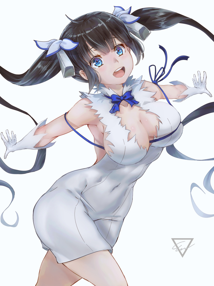 absurdly_long_hair absurdres ahoge arched_back arms_behind_back bell black_hair blue_bow blue_bowtie blue_eyes blue_ribbon blunt_bangs bow bowtie breast_press breasts cleavage cleavage_cutout clothing_cutout covered_navel dress dungeon_ni_deai_wo_motomeru_no_wa_machigatteiru_darou_ka elbow_gloves ethan_wylie female gloves grin groin hair_bell hair_ornament hair_ribbon hestia_(danmachi) highres impossible_clothes impossible_dress large_breasts leaning_forward long_hair looking_at_viewer open_hand open_mouth outstretched_arms pencil_dress rei_no_himo ribbon sidelocks simple_background skin_tight smile solo spread_fingers teeth tight_clothes tight_dress upper_teeth_only very_long_hair walking white_background white_dress white_gloves