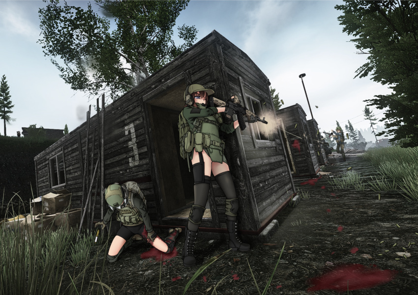 2girls ak-12 armedshipyard assault_rifle backpack bag baseball_cap battle bike_shorts black_legwear blood blood_splatter blue_eyes body_armor boots box brown_hair cardboard_box casing_ejection combat_boots dutch_angle escape_from_tarkov explosive firing game_screenshot grass grenade gun handgun hat headset helmet house injury kalashnikov_rifle knee_pads kneeling lamppost load_bearing_equipment load_bearing_vest long_hair military military_uniform multiple_girls outdoors photo_background power_lines rifle shack shell_casing soldier thighhighs throwing tourniquet tree uniform weapon white_hair