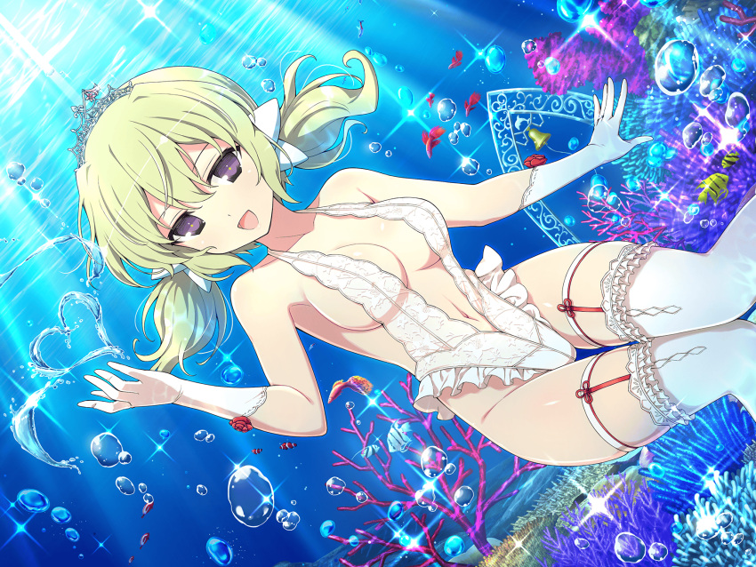 air_bubble angelfish arch bell blonde_hair blush bow breasts bridal_lingerie bubble butterflyfish cleavage clownfish coral coral_reef female fish flower gloves guppy_(fish) heart highres kafuru_(senran_kagura) leotard lingerie looking_at_viewer low_twintails medium_breasts navel official_alternate_costume official_art plunging_neckline purple_eyes red_flower red_rose rose senran_kagura senran_kagura_estival_versus senran_kagura_new_link siamese_fighting_fish smile solo surgeonfish swimming thigh_strap thighhighs tiara tropical tropical_fish twintails underwater underwear water white_gloves white_leotard white_thighhighs yaegashi_nan