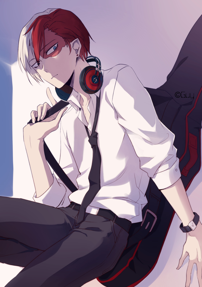 1boy belt black_belt black_necktie black_pants blue_eyes boku_no_hero_academia burn_scar chinese_commentary closed_mouth collared_shirt commentary dress_shirt earrings feet_out_of_frame hand_up headphones headphones_around_neck highres jewelry li_he looking_at_viewer loose_necktie male_focus multicolored_hair necktie pants red_hair scar scar_on_face shirt short_hair sitting solo split-color_hair striped todoroki_shouto watch white_hair white_shirt wristwatch