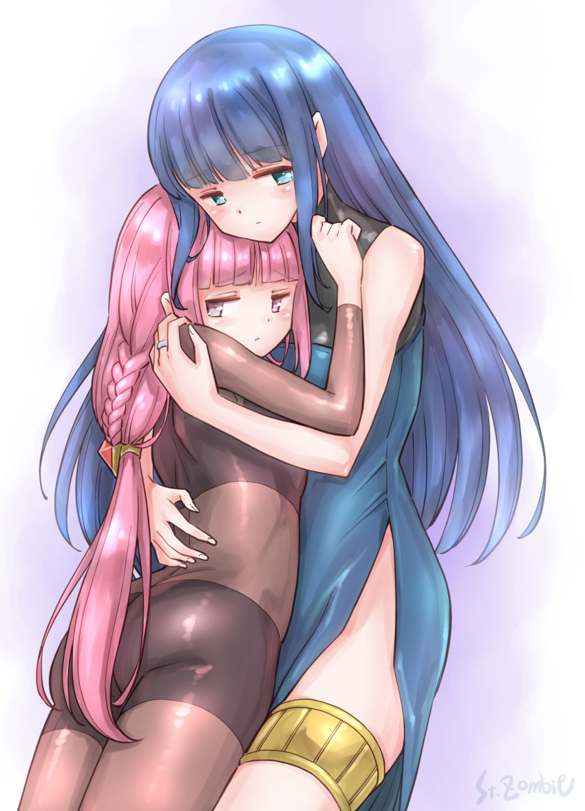 2girls ass bike_shorts black_legwear black_shirt black_shorts blue_dress blue_eyes blue_hair bodystocking braid crop_top dress hand_on_another's_back hand_on_another's_shoulder highres hug jewelry long_hair looking_back magia_record:_mahou_shoujo_madoka_magica_gaiden magical_girl mahou_shoujo_madoka_magica multiple_girls nanami_yachiyo pantyhose pink_background pink_eyes pink_hair ponytail ring shirt short_shorts shorts side_slit simple_background sleeveless sleeveless_dress studiozombie tamaki_iroha thighlet thighs very_long_hair yuri