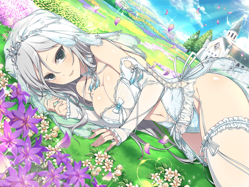 bad_link blush bow breasts bridal_lingerie bridal_veil choker church cleavage cloud collarbone day falling_petals female field flower flower_field grass green_eyes grey_hair hair_between_eyes highres large_breasts leotard lingerie long_hair looking_at_viewer official_alternate_costume official_art parted_lips petals purple_flower senkou_(senran_kagura) senran_kagura senran_kagura_new_link sky smile solo tree underwear veil white_choker white_flower yaegashi_nan