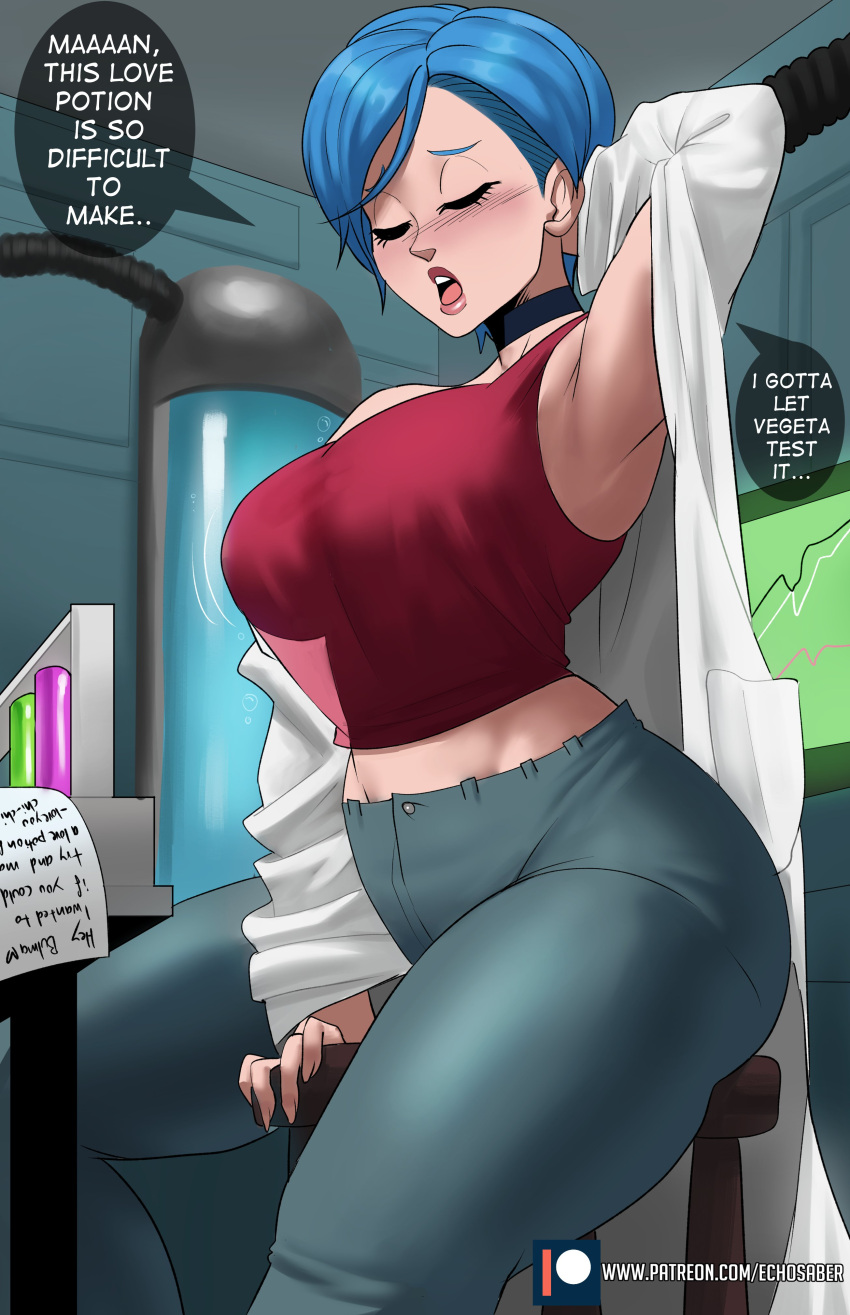 absurdres arm_behind_head arm_support arm_up artist_name black_choker blue_hair blush breasts bulma_briefs chair choker cleavage closed_eyes commentary crop_top dragon_ball dragon_ball_super echo_saber english_commentary english_text female highres huge_breasts lab_coat laboratory mature_female nose_blush open_mouth original paid_reward_available pants paper patreon_logo patreon_username red_shirt shirt short_hair sitting solo speech_bubble underwear web_address