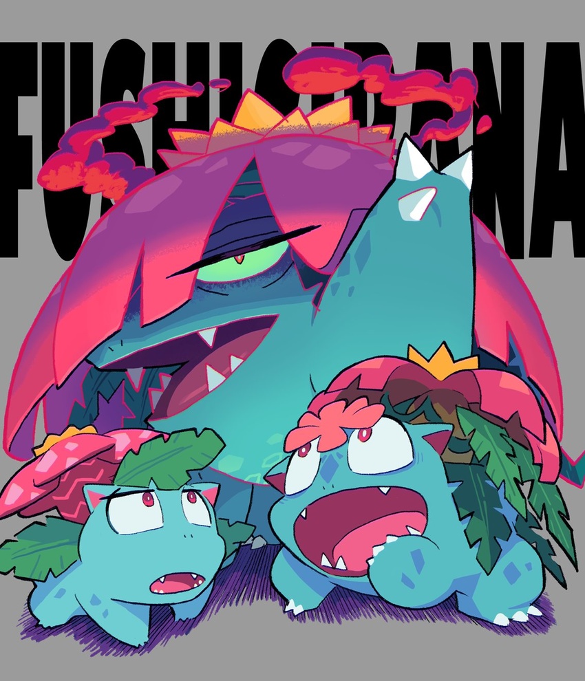 claws colored_sclera fangs flower gashi-gashi gigantamax gigantamax_venusaur green_sclera grey_background highres mega_pokemon mega_venusaur no_humans open_mouth outstretched_arm pokemon pokemon_(creature) venusaur