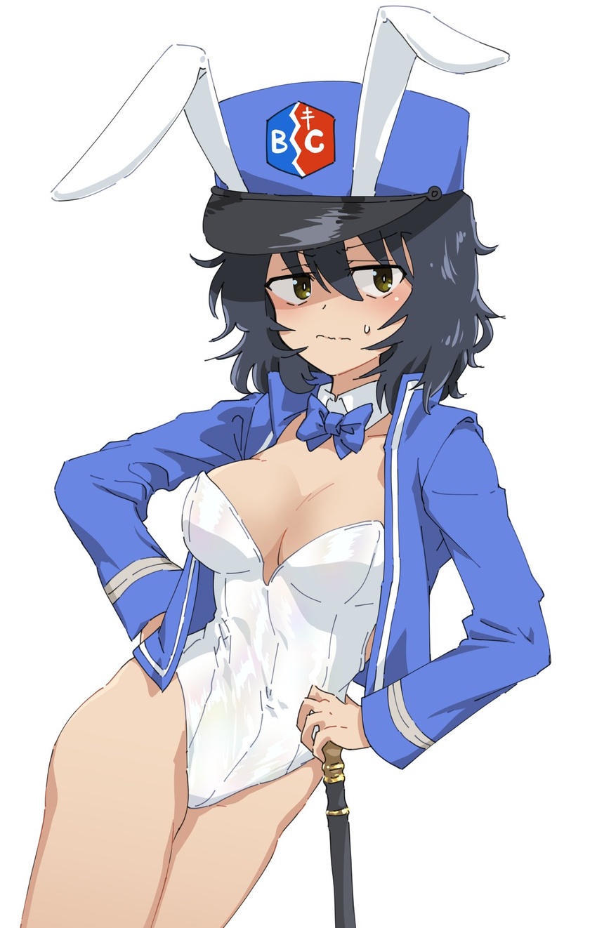 andou_(girls_und_panzer) animal_ears bc_freedom_(emblem) bc_freedom_military_uniform black_hair blue_bow blue_bowtie blue_hat blush bow bowtie breasts closed_mouth commentary_request cowboy_shot detached_collar embarrassed emblem fake_animal_ears female girls_und_panzer hat highleg highleg_leotard highres kepi leotard long_sleeves medium_breasts medium_hair messy_hair military_hat monolith_(suibou_souko) open_clothes playboy_bunny rabbit_ears simple_background solo strapless strapless_leotard sweatdrop white_background white_leotard