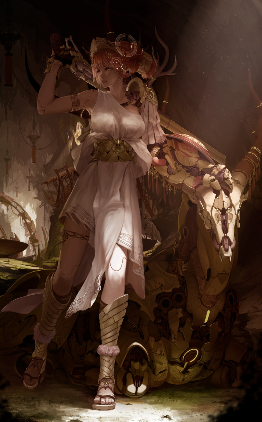 absurdres ancient_greek_clothes android arm_shield armband armor artemis_(mythology) bare_arms blonde_hair brace braid cave cave_interior chiton commentary crown cyborg dishwasher1910 doll_joints dress earrings female full_body fur_trim gauntlets gloves greco-roman_clothes greek_mythology gun handgun highres holding horns jewelry joints light_particles light_rays looking_to_the_side mechanical mechanical_arms mechanical_parts non-humanoid_robot original over_shoulder pauldrons photo-referenced prosthesis red_hair revolver robot robot_animal robot_joints sandals shade shield shoulder_armor single_mechanical_arm single_pauldron solo stalactite sunbeam sunlight tassel tied_hair weapon weapon_on_back weapon_over_shoulder white_dress yellow_eyes