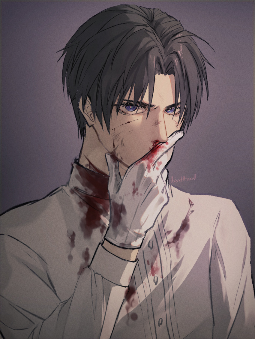 1boy artist_name black_hair bleeding blood blood_on_clothes blood_on_face blood_on_gloves blue_eyes blue_hair bright_pupils buttons chromatic_aberration covering_own_mouth cuts film_grain gloves grey_background hand_over_own_mouth heshikiri_hasebe highres injury llxxxhhxxxll long_sleeves looking_at_viewer male_focus nosebleed parted_bangs shirt short_hair simple_background solo torn_clothes touken_ranbu upper_body white_gloves white_pupils white_shirt