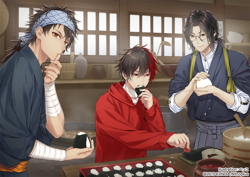 3boys bandaged_arm bandaged_neck bandages bandana black_hair blue_eyes blue_kimono bowl brown_hair commentary_request cooking copyright_notice crossed_bangs dress_shirt eating eyewear_strap fingernails food fruit glasses hakama hizen_tadahiro holding holding_food hood hoodie ichi-be japanese_clothes kimono ladle licking licking_finger male_focus multicolored_hair multiple_boys mutsu-no-kami_yoshiyuki nankaitarou_chouson nori_(seaweed) official_art ohitsu onigiri parted_bangs red_eyes red_hair red_hoodie rice seigaiha shamoji shirt skirt smile table tasuki touken_ranbu two-tone_hair umeboshi white_shirt wooden_table yellow_eyes