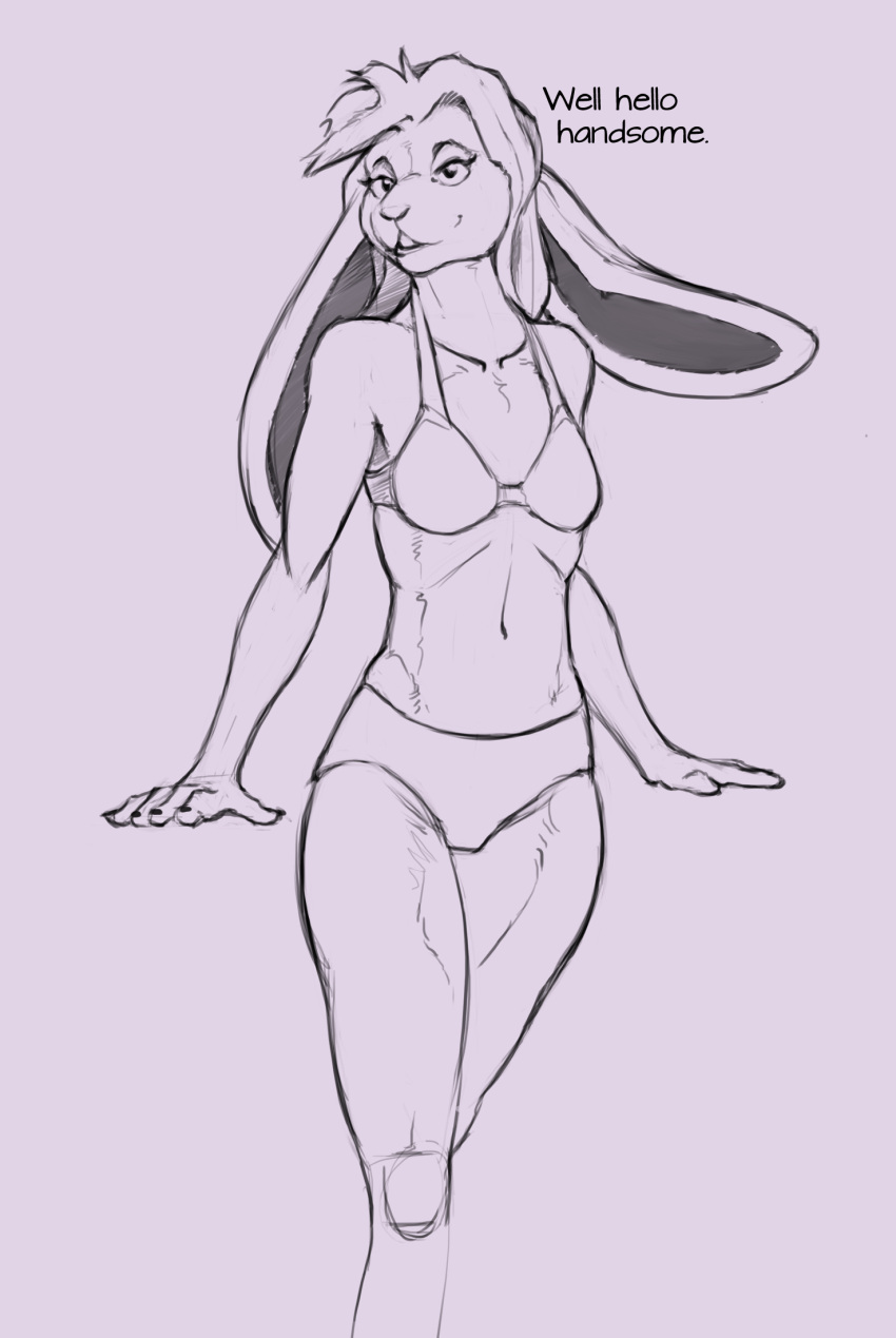 2022 5_fingers anthro bra breasts clothed clothing dialogue english_text female fingers fur greeting hair hi_res lagomorph legs_together leporid long_ears lord_magicpants mammal midriff navel panties rabbit simple_background slim small_breasts smile solo standing text underwear underwear_only