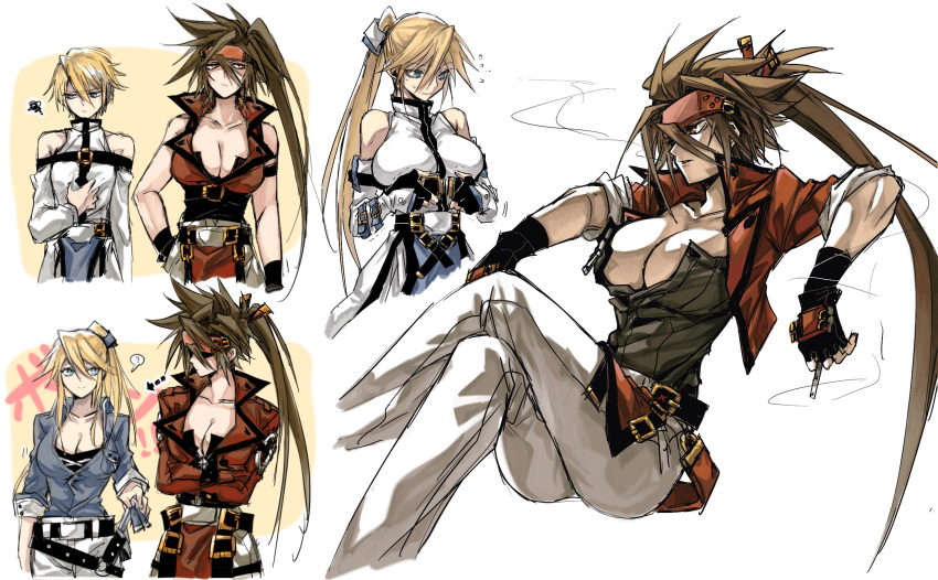 2girls age_comparison black_gloves blonde_hair blue_eyes breasts brown_hair cigarette cleavage_cutout clothing_cutout cropped_jacket dong_hole embarrassed fingerless_gloves genderswap_(mtf) gloves guilty_gear headband highres holding holding_cigarette huge_breasts ky_kiske kyko multiple_girls parted_bangs ponytail red_eyes red_headband rule_63 sidelocks simple_background smoking sol_badgal sol_badguy spiked_hair