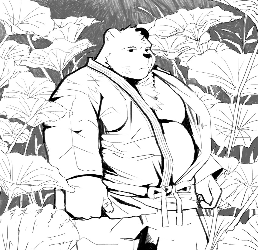 2022 anthro bear belly big_belly bonbonbear flower hi_res humanoid_hands keikogi kemono male mammal martial_arts_uniform monochrome moobs overweight overweight_male plant solo sportswear tuokemao