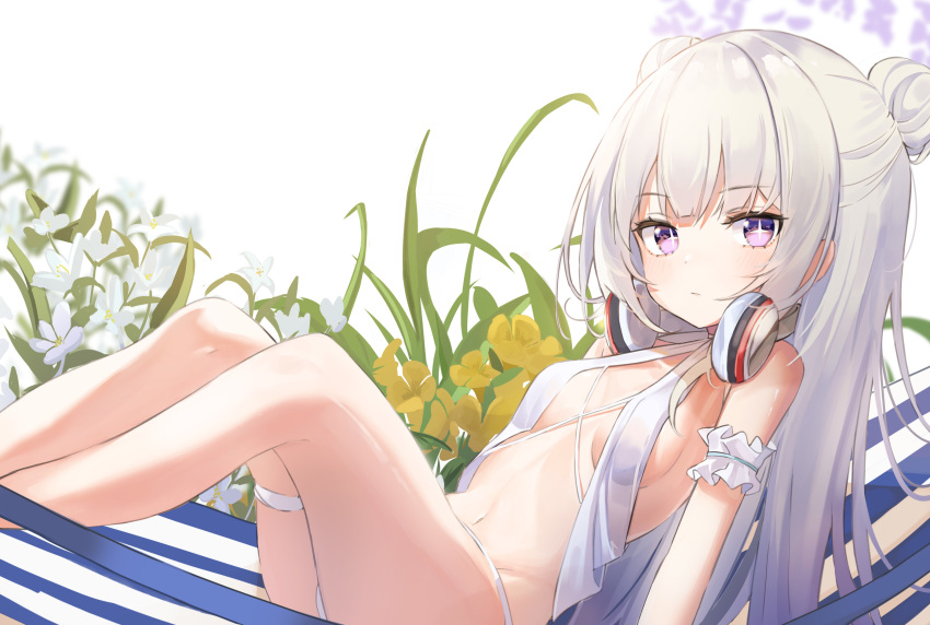 +_+ azur_lane bad_id bad_twitter_id bare_shoulders bikini blue_eyes blush breasts closed_mouth commentary_request double_bun female flower hair_between_eyes hair_bun hammock headphones headphones_around_neck highres le_malin_(azur_lane) le_malin_(mercredi_at_the_secret_base)_(azur_lane) long_hair looking_at_viewer mint_(psmin30) navel official_alternate_costume scrunchie sidelocks small_breasts solo swimsuit symbol-shaped_pupils very_long_hair white_bikini white_flower white_hair white_scrunchie yellow_flower