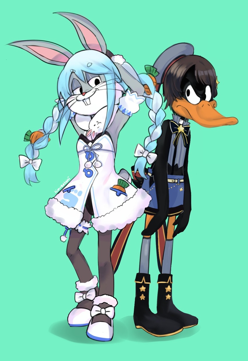 2boys bare_arms bare_shoulders beret black_footwear black_hair black_leotard blue_hair blue_skirt boots bow braid buck_teeth bugs_bunny carrot carrot_hair_ornament closed_mouth commentary_request cosplay crossdressing daffy_duck detached_sleeves don-chan_(usada_pekora) dress food-themed_hair_ornament green_background grey_headwear grey_legwear grey_shirt hair_between_eyes hair_ornament hairbow hat highres himuhino hololive leotard long_hair looking_at_viewer looney_tunes male_focus multicolored_hair multiple_boys oozora_subaru oozora_subaru_(cosplay) oozora_subaru_(work) pantyhose puffy_short_sleeves puffy_sleeves shadow shirt shoes short_eyebrows short_sleeves skirt sleeveless sleeveless_shirt smile standing strapless strapless_dress strapless_leotard teeth thick_eyebrows thighhighs trait_connection twin_braids twintails two-tone_hair usada_pekora usada_pekora_(1st_costume) usada_pekora_(cosplay) very_long_hair virtual_youtuber white_bow white_dress white_footwear white_hair white_sleeves