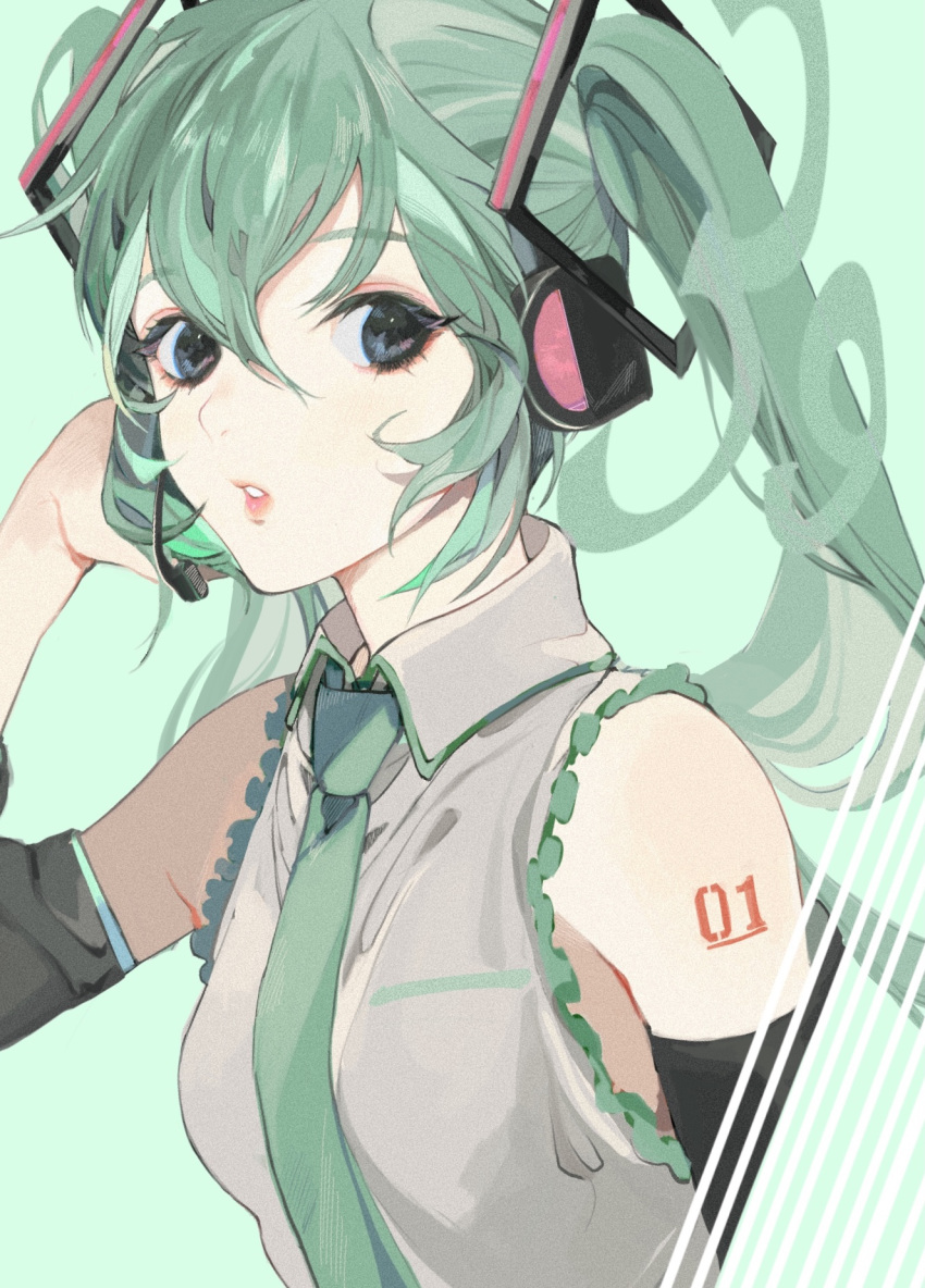 39 arm_at_side armpit_crease bare_shoulders black_eyes breasts close-up collared_shirt commentary detached_sleeves expressionless eyelashes facing_viewer female frilled_shirt frills green_background green_hair green_necktie green_theme grey_shirt hair_between_eyes hand_on_headset hand_up hatsune_miku headset highres lips long_hair looking_afar looking_to_the_side necktie number_tattoo parted_lips ro_dai shirt shoulder_tattoo simple_background sleeveless sleeveless_shirt small_breasts solo striped tareme tattoo teeth twintails upper_body vocaloid