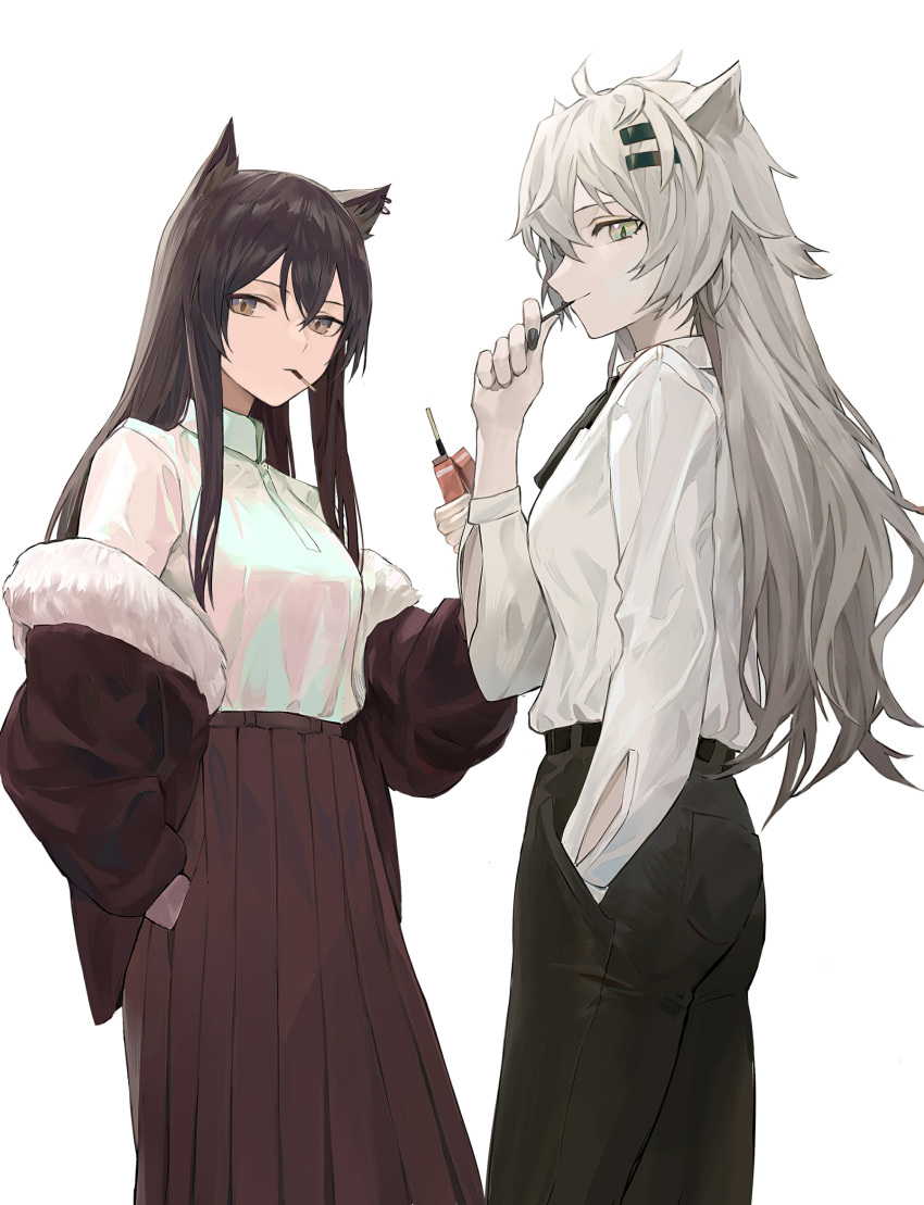 2girls alternate_costume animal_ears arknights ass belt black_hair black_nails black_pants black_ribbon breasts brown_jacket brown_skirt casual closed_mouth collared_shirt commentary cowboy_shot day dress_shirt earrings eating food from_side fur-trimmed_jacket fur_trim hair_between_eyes hair_ornament hairclip hand_in_pocket highres jacket jewelry koio lappland_(arknights) long_hair long_skirt long_sleeves looking_at_viewer medium_breasts messy_hair mouth_hold multiple_girls nail_polish neck_ribbon off_shoulder pants pleated_skirt pocky profile ribbon shirt sidelocks simple_background skirt smile straight_hair texas_(arknights) white_background white_hair white_shirt wolf_ears yellow_eyes